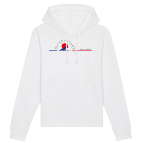 Un sweat à capuche unisexe aux labels Bio, imprimé en France. Fabriqué dans des conditions éthiques et de manière éco-responsable. Coupe droite et manches montées. Logo imprimé sur la face avant. Motif Vagues Cap Ferret