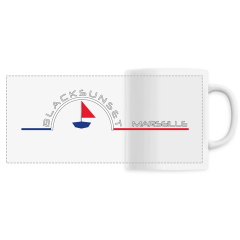 Indémodable, ce Mug personnalisé, imprimé en France, est d'une excellente qualité. A la maison comme au bureau il sera aussi esthétique que pratique. Versez y votre boisson préférée et dégustez. Le visuel est imprimé autour de la tasse. Motif : Le Pointu intégré au logo Black SunSet Marseille