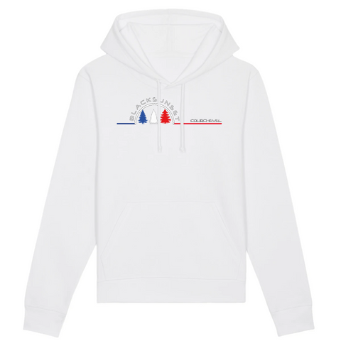 Un sweat à capuche unisexe aux labels Bio, imprimé en France. Fabriqué dans des conditions éthiques et de manière éco-responsable. Coupe droite et manches montées. Logo imprimé sur la face avant. Motif Sapins Couchevel