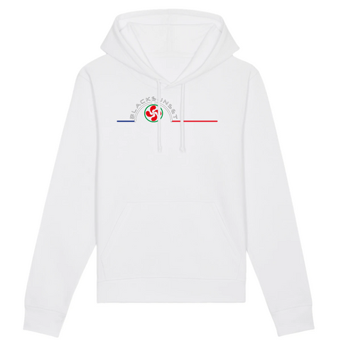 Un sweat à capuche unisexe imprimé en France. Fabriqué dans des conditions éthiques et de manière éco-responsable. Coupe droite et manches montées. Logo imprimé sur la face avant. Motif Croix Basque