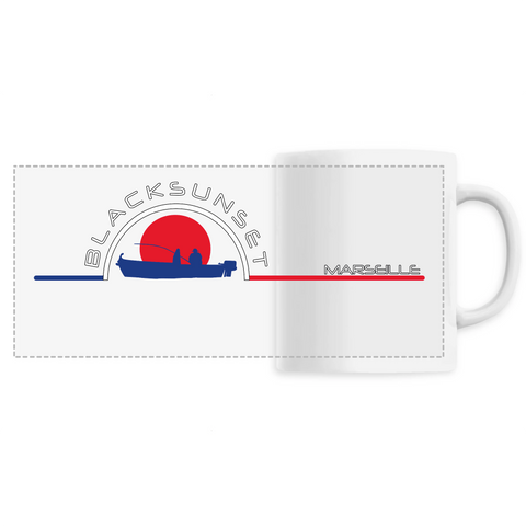 Indémodable, ce Mug personnalisé, imprimé en France, est d'une excellente qualité. A la maison comme au bureau il sera aussi esthétique que pratique. Versez y votre boisson préférée et dégustez. Le visuel est imprimé autour de la tasse. Motif : Le Pêcheur intégré au logo Black SunSet Marseille