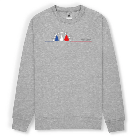Sweat unisexe ultra doux imprimé en France. Coupe droite et encolure ras de cou. Manches montées. Logo imprimé sur la face avant. Motif Sapins Pra Loup