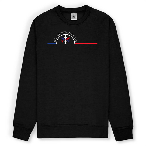 Description : Sweat unisexe ultra doux imprimé en France. Coupe droite et encolure ras de cou. Manches montées. Logo imprimé sur la face avant.  Disponible du S au 2XL  Détails : Composition : 80% coton, 20% polyester Grammage : 280 g/m²  Motif : Flocon intégré au logo Black SunSet