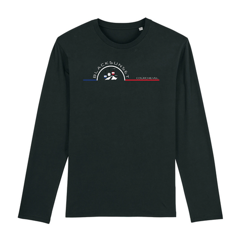 Tee-shirt manches longues épais. Toucher doux et très confortable il se porte en toutes saisons. Imprimé en France et labellisé GOTS ses finitions sont de haute qualité. 100% en coton biologique, il deviendra votre seconde peau. Motif : Télésièges intégré dans le logo Black SunSet Courchevel